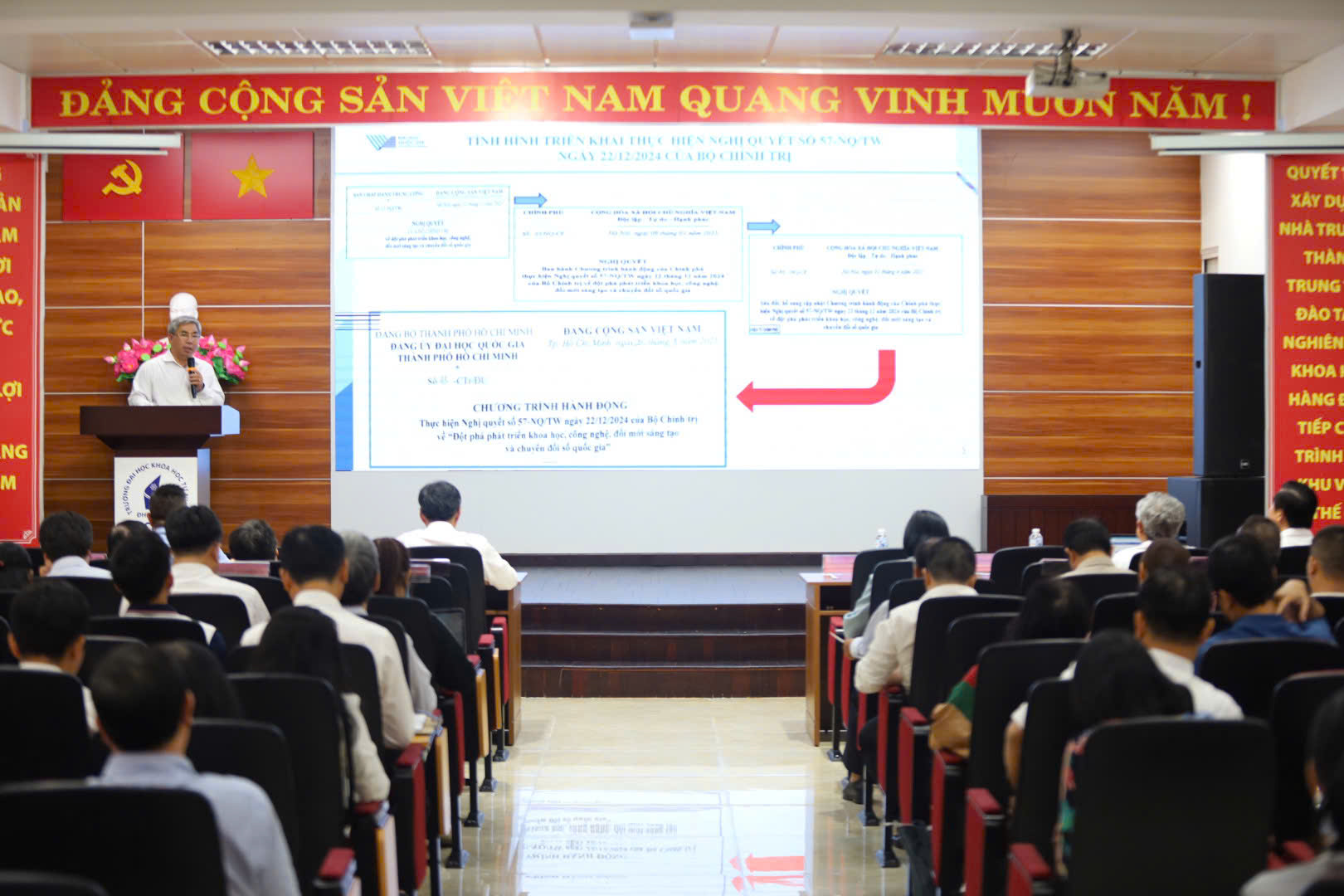 PGS.TS Lâm Quang Vinh, Trưởng ban Ban Khoa học và Công nghệ ĐHQG-HCM đã báo cáo thực hiện Nghị quyết số 57-NQ/TW liên quan đến nghiên cứu và ứng dụng trí tuệ nhân tạo trong lĩnh vực y tế.
