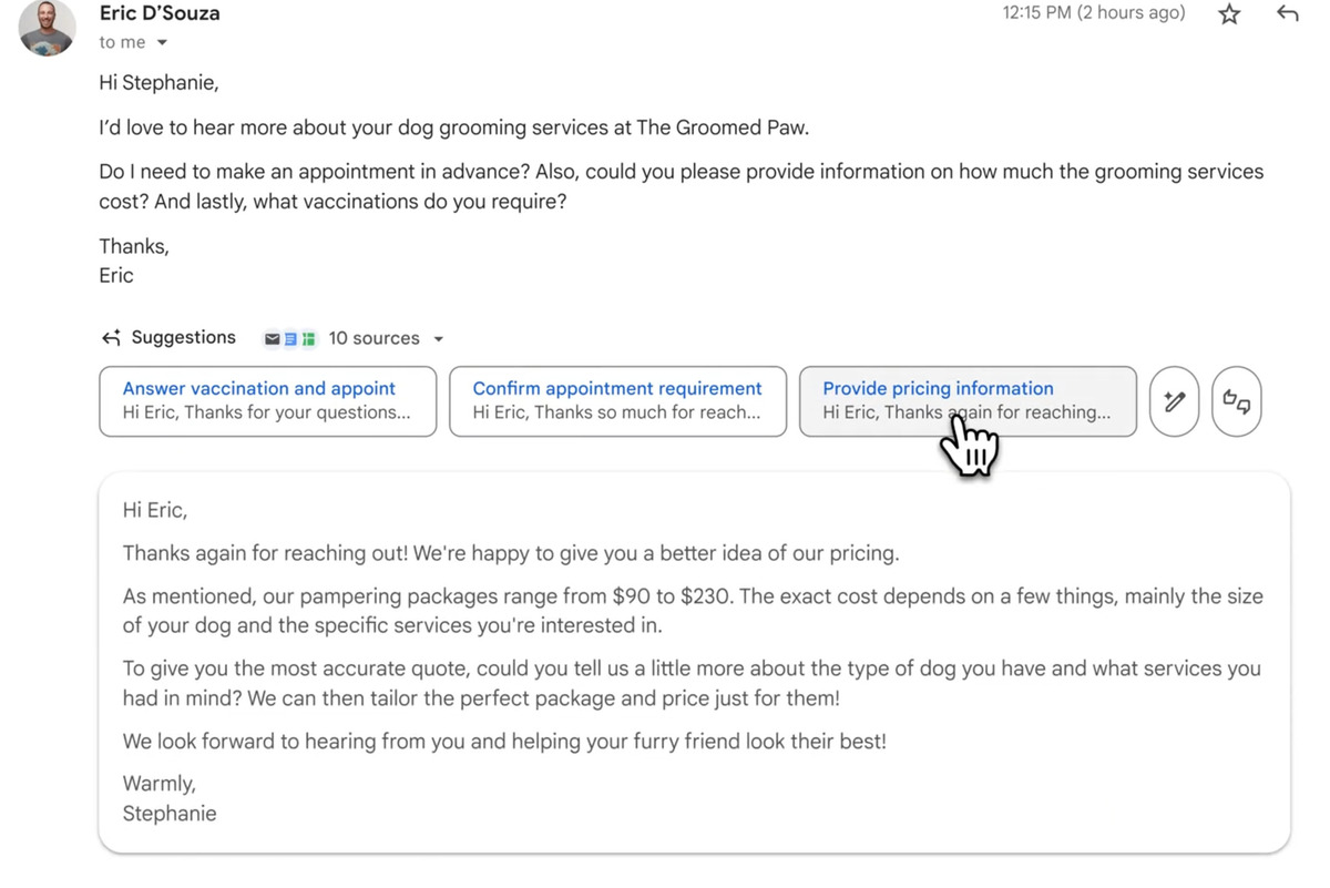 Có nhiều tính năng AI hay, công cụ và thiết bị mới 7 gmail ai suggestions