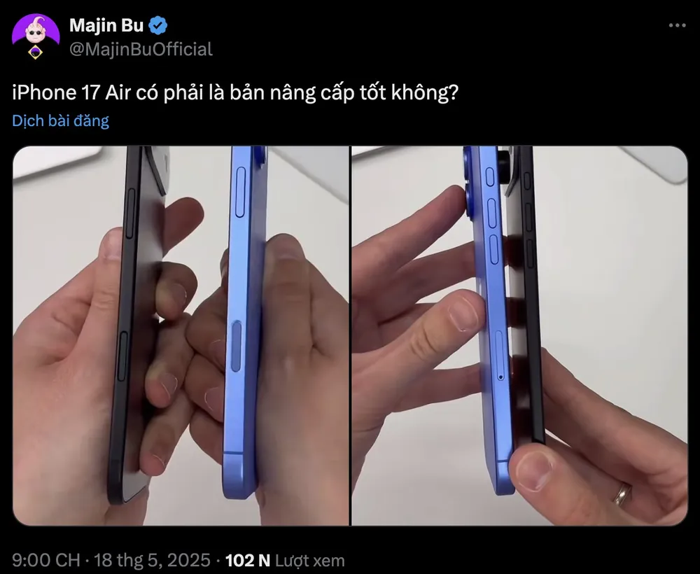 Hình ảnh rò rỉ được cho là của iPhone 17 Air khi so sánh độ mỏng với iPhone 16 Plus. Hình ảnh rò rỉ được cho là của iPhone 17 Air khi so sánh độ mỏng với iPhone 16 Plus.