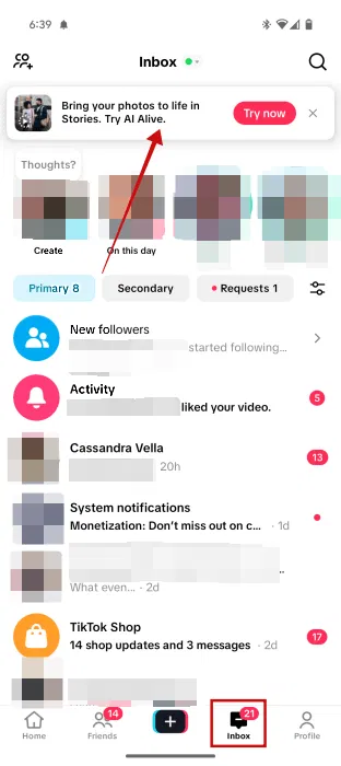 Cách tạo video từ ảnh bằng TikTok AI Alive 4 Thông báo về tính năng "AI Alive" trong ứng dụng TikTok.