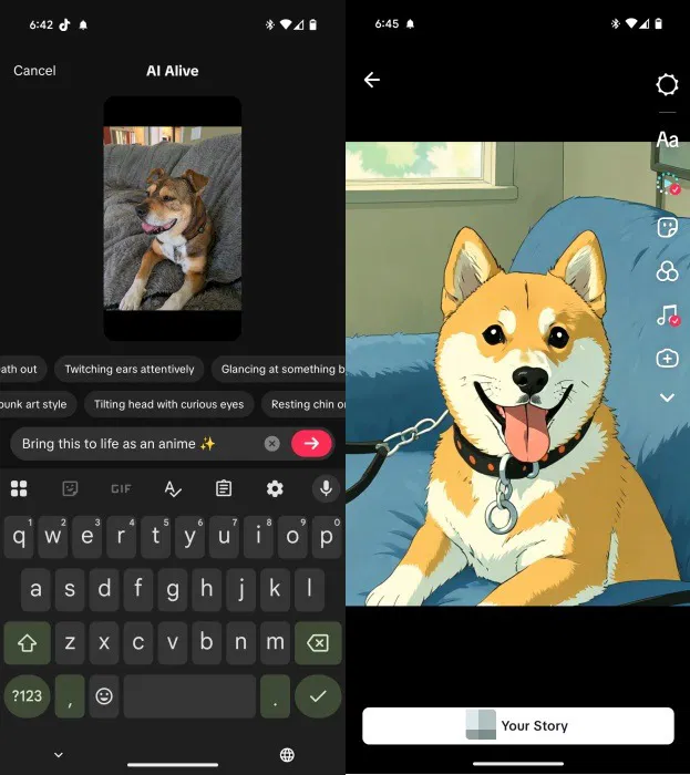 Cách tạo video từ ảnh bằng TikTok AI Alive 6 Sử dụng hình ảnh chú chó để tạo video TikTok AI Alive.