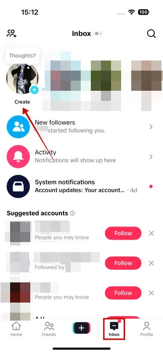 Cách tạo video từ ảnh bằng TikTok AI Alive 3 Nhấn vào nút Create trong Inbox từ ứng dụng TikTok.