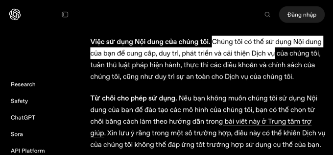Shadow AI - mặt tối của thời dùng AI không kiểm soát 2 Điều khoản sử dụng ChatGPT với điều khoản sử dụng nội dung của người dùng. Ảnh chụp màn hình