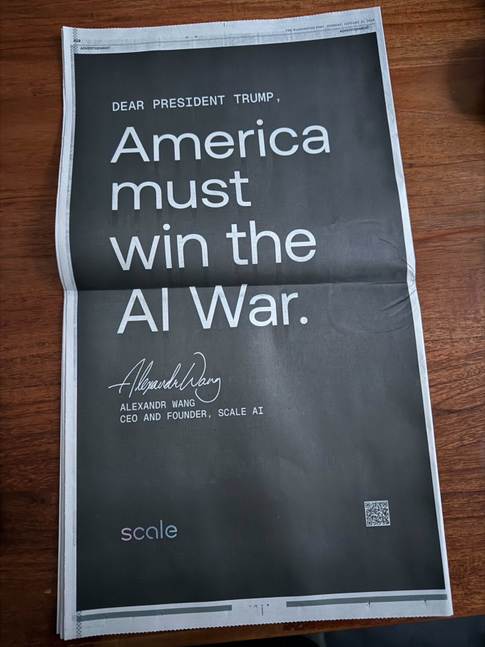 Alexandr Wang - thiên tài AI khiến Zuckerberg đặt cược 14 tỷ USD 1 Tờ quảng cáo với câu nói của Alexandr Wang trên Washington Post. Ảnh: X/Alexandr Wang