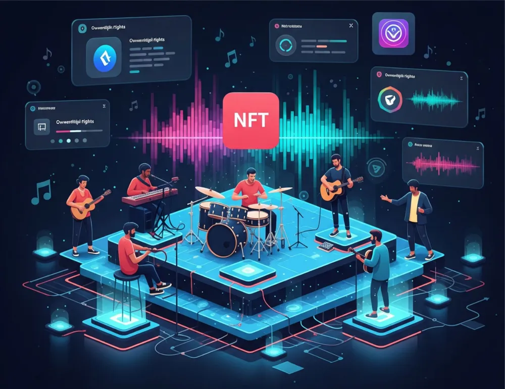 NFT giúp nghệ sĩ thu lời từ việc bán sản phẩm âm nhạc số. Ảnh do AI sáng tạo. mã hóa âm nhạc