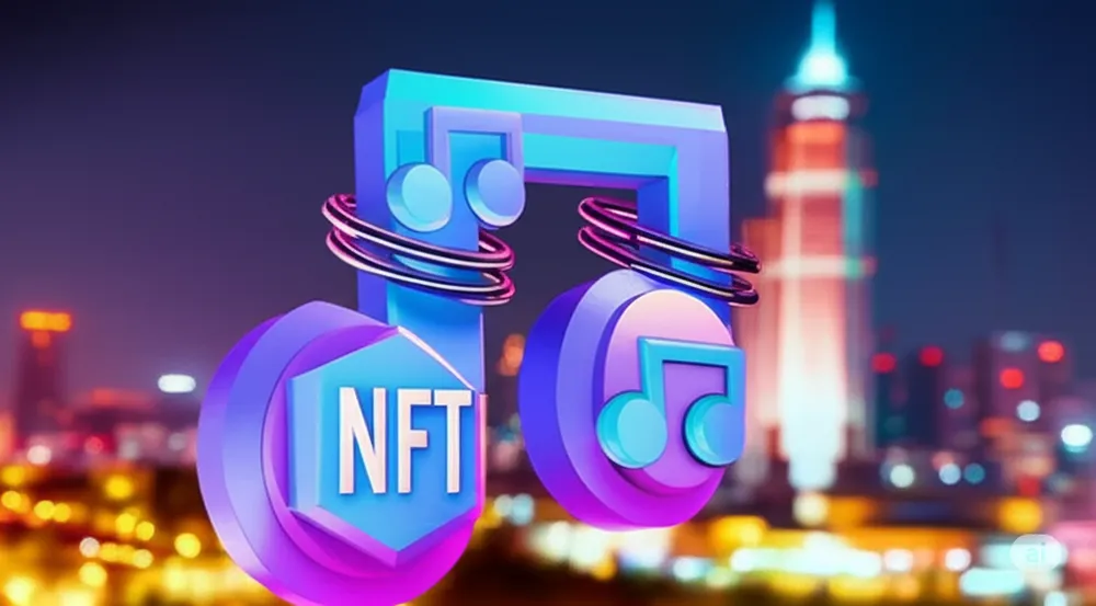 Doanh nghiệp, nghệ sĩ tăng đầu tư vào việc ứng dụng NFT trong âm nhạc. Ảnh do AI sáng tạo, thực hiện bởi Hạ Quyên. ma-hoa-am-nhac.png