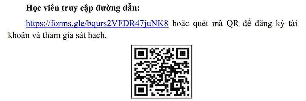 Đường dẫn và mã QR để học viên đăng ký tham gia sát hạch. Nguồn: Sở Khoa học và công nghệ