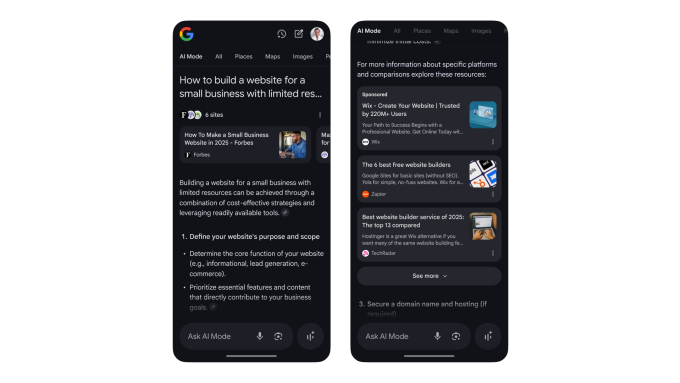 Quảng cáo xuất hiện trong tính năng AI Mode. Ảnh: Google