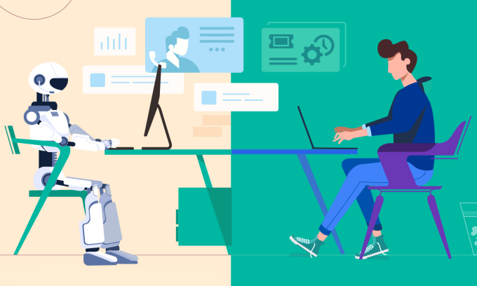 Thời đại nhập nhèm danh tính online do AI 2 Minh họa con người tương tác với máy móc. Ảnh: Medium