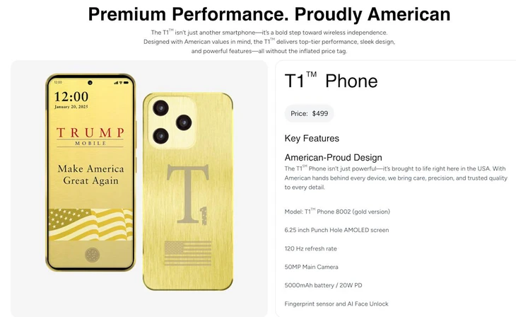 Trump Mobile xóa thông tin về xuất xứ điện thoại T1 sau khi ra mắt 1 Trump Mobile - Ảnh 1.