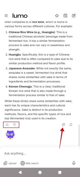 Bạn lo lắng về quyền riêng tư của AI? Hãy thử chatbot Lumo của Proton! 4 Các tùy chọn để sao chép câu trả lời và đánh giá trong ứng dụng Lumo trên Android.