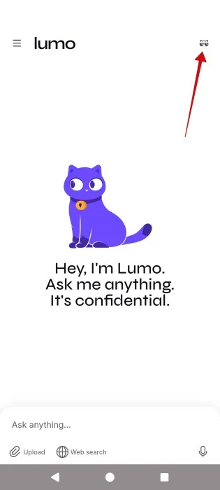 Bạn lo lắng về quyền riêng tư của AI? Hãy thử chatbot Lumo của Proton! 5 Chuyển sang "Chế độ ẩn danh" trong ứng dụng Lumo trên Android.