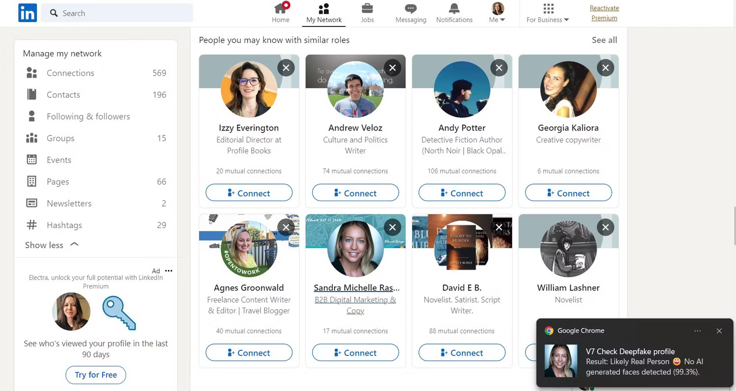 8 công cụ tốt nhất để phát hiện hình ảnh do AI tạo ra 4 V7 Fake Profile Detector đang kiểm tra hồ sơ LinkedIn để tìm Deepfake