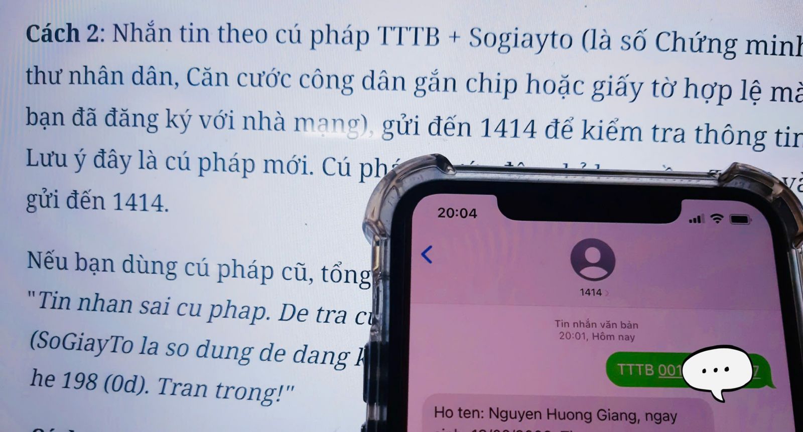 Người dân có thể tiến hành gửi tin nhắn với nội dung TTTB Sogiayto gửi 1414 để kiểm tra thông tin thuê bao. Ảnh: Hương Giang