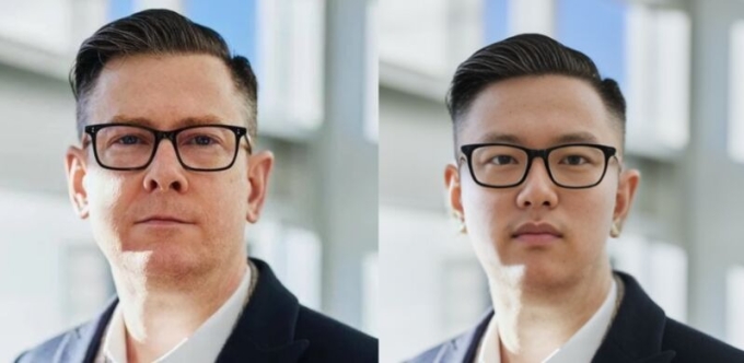 Thời đại nhập nhèm danh tính online do AI 1 KnowBe4 minh họa việc hacker giả mạo ảnh cá nhân, với ảnh stock (trái) và ảnh được chỉnh sửa bằng AI. Ảnh: KnowBe4