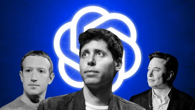 Elon Musk thành lập Macrohard, muốn mô phỏng Microsoft bằng AI 2 Sam Altman (giữa) là đối thủ chính của Elon Musk (phải) và Mark Zuckerberg (trái)- Ảnh: Internet