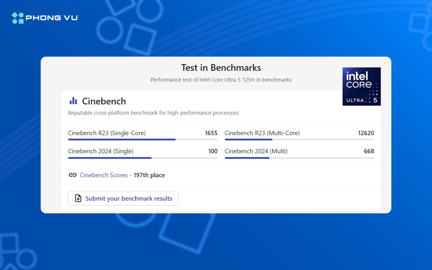 Intel Core Ultra 5 125H cho ra điểm Cinbench R23 vượt trội giúp đảm bảo các tác vụ mượt mà