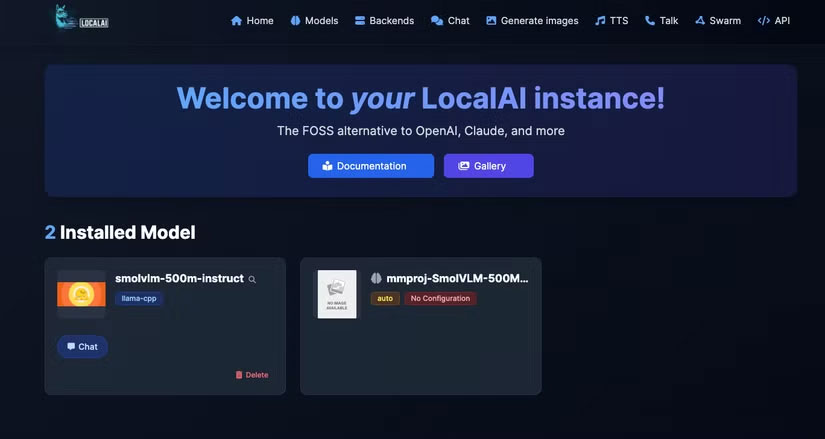 Giao diện người dùng web LocalAI hiển thị danh sách các mô hình đã cài đặt
