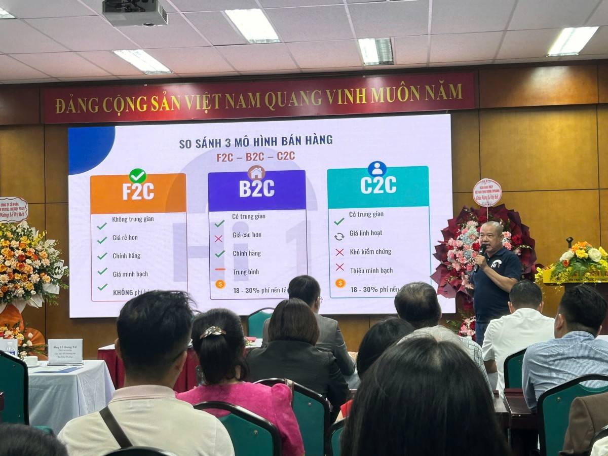 Chuyên gia Kiều Tiến Anh trình bày tại buổi tọa đàm do Cục Thương mại điện tử và Kinh tế số (Bộ Công Thương) tổ chức, trong phần so sánh ba mô hình bán hàng F2C – B2C – C2C.