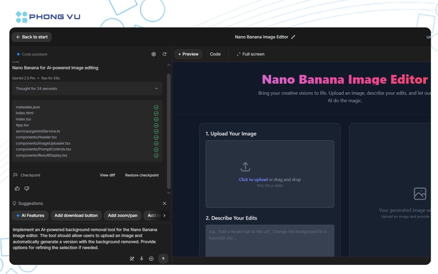 Cách tạo ứng dụng AI đơn giản với Vibe Coding trên Google AI Studio 6 Hiển thị bản preview ứng dụng ngay trong trình duyệt