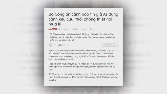 Bộ Công an cảnh báo tin giả do "A.I." dựng để kêu cứu, thổi phồng thiệt hại mùa lũ 1 Bộ Công an cảnh báo tin giả do "A.I." dựng để kêu cứu, thổi phồng thiệt hại mùa lũ - Ảnh 1.