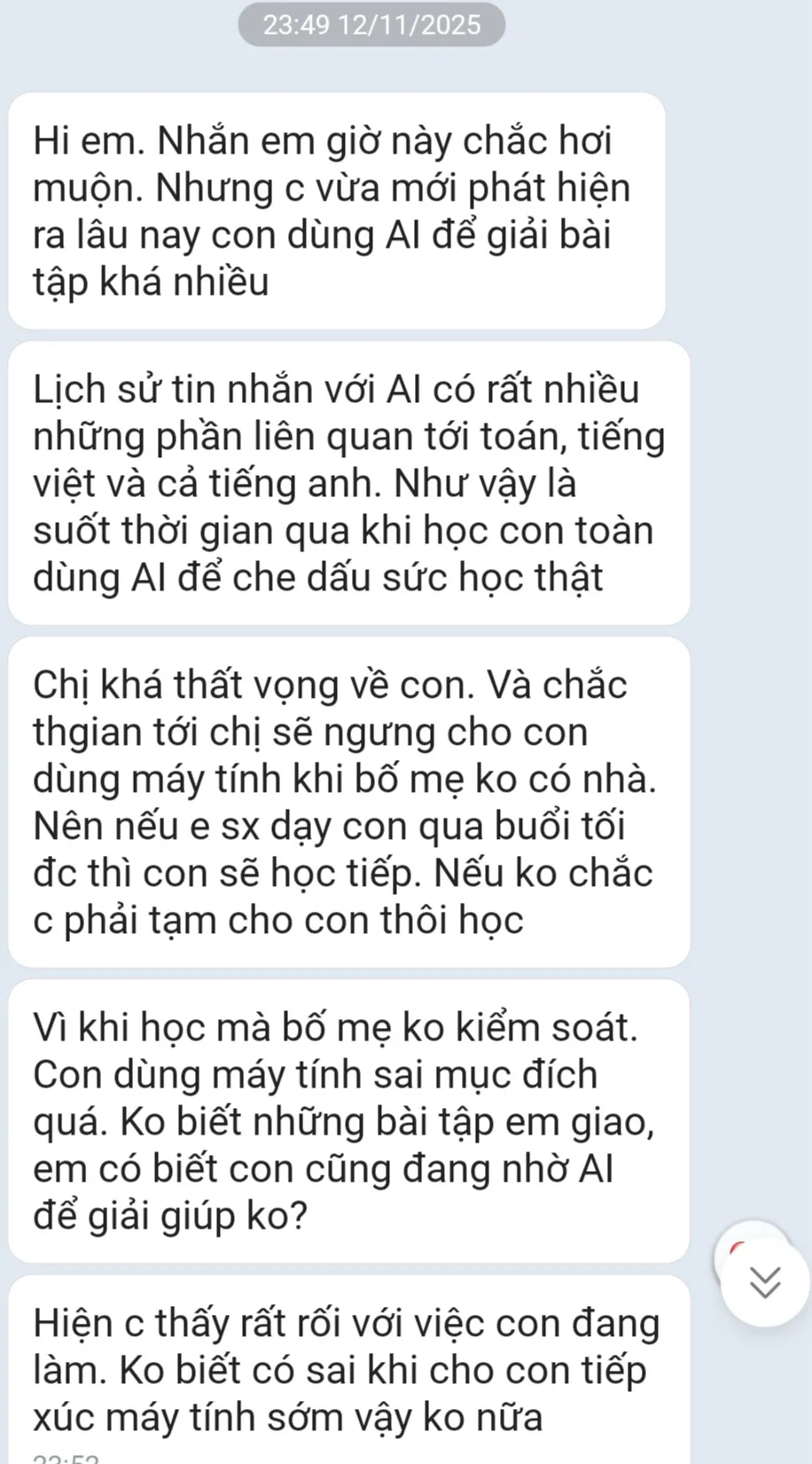 Nửa đêm, bà mẹ hoảng hốt nhắn cho cô giáo vì phát hiện bí mật của con sau khi kiểm tra lịch sử ChatGPT: "Chắc tạm cho con thôi học"- Ảnh 1.