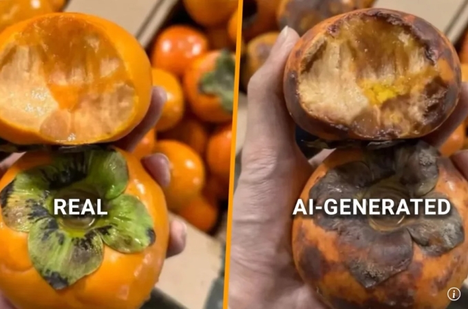 Khách dùng ảnh AI lừa tiền shop online 1 Hình ảnh thật của quả hồng và ảnh AI tạo. Ảnh: SCMP