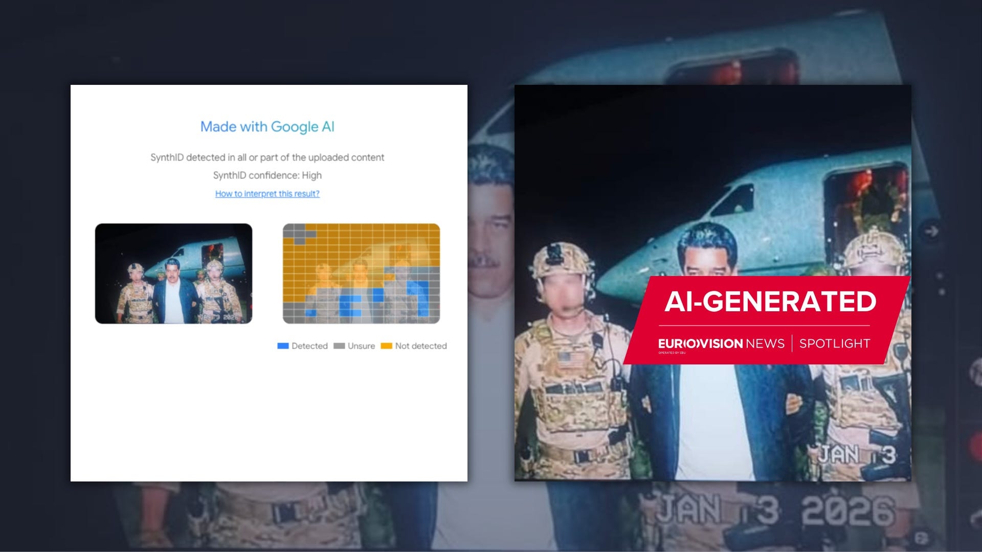 Ảnh do AI mô phỏng cảnh Tổng thống Venezuela Nicolás Maduro bị còng tay và dẫn giải, kèm logo “AI generated” của Eurovision News Spotlight nhằm cảnh báo tin giả