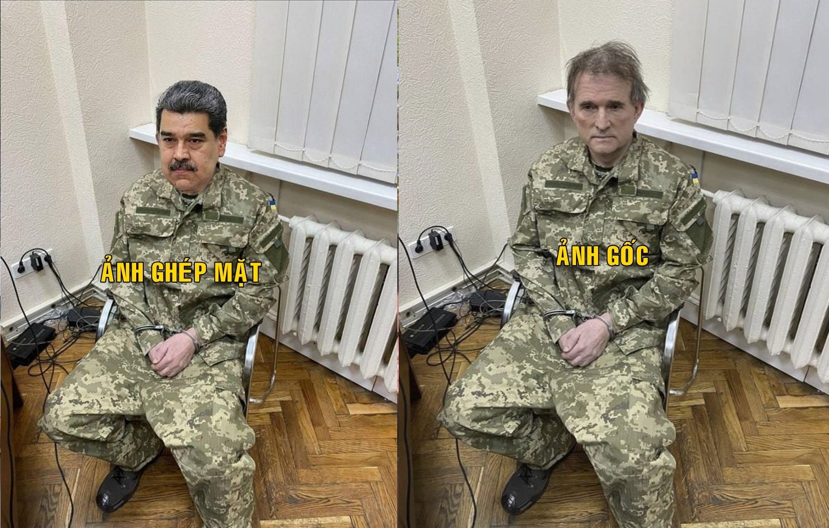Bức ảnh được UKraine công bố năm 2022 (phải) bị lấy để ghép mặt tổng thống Muduro vào để mô tả cảnh ông bị Mỹ bắt