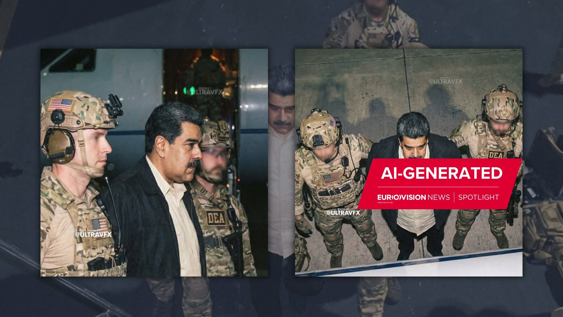 Ảnh do AI mô phỏng cảnh Tổng thống Venezuela Nicolás Maduro bị còng tay và dẫn giải, kèm logo “AI generated” nhằm cảnh báo tin giả
