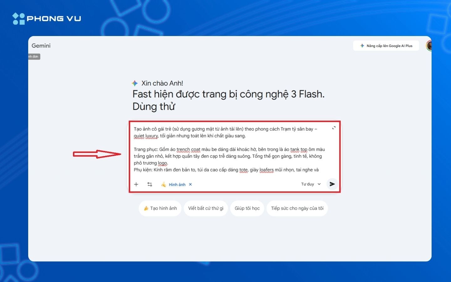 Nhập prompt vào khung chat Gemini