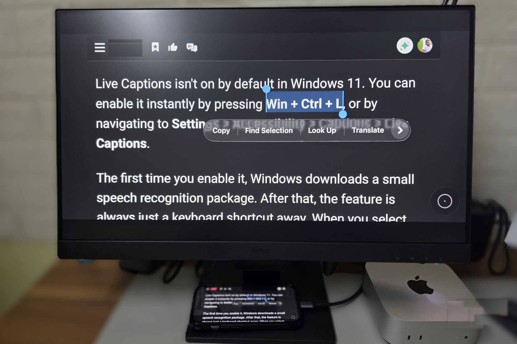 Chọn và sao chép văn bản trên điện thoại được chiếu lên màn hình máy tính