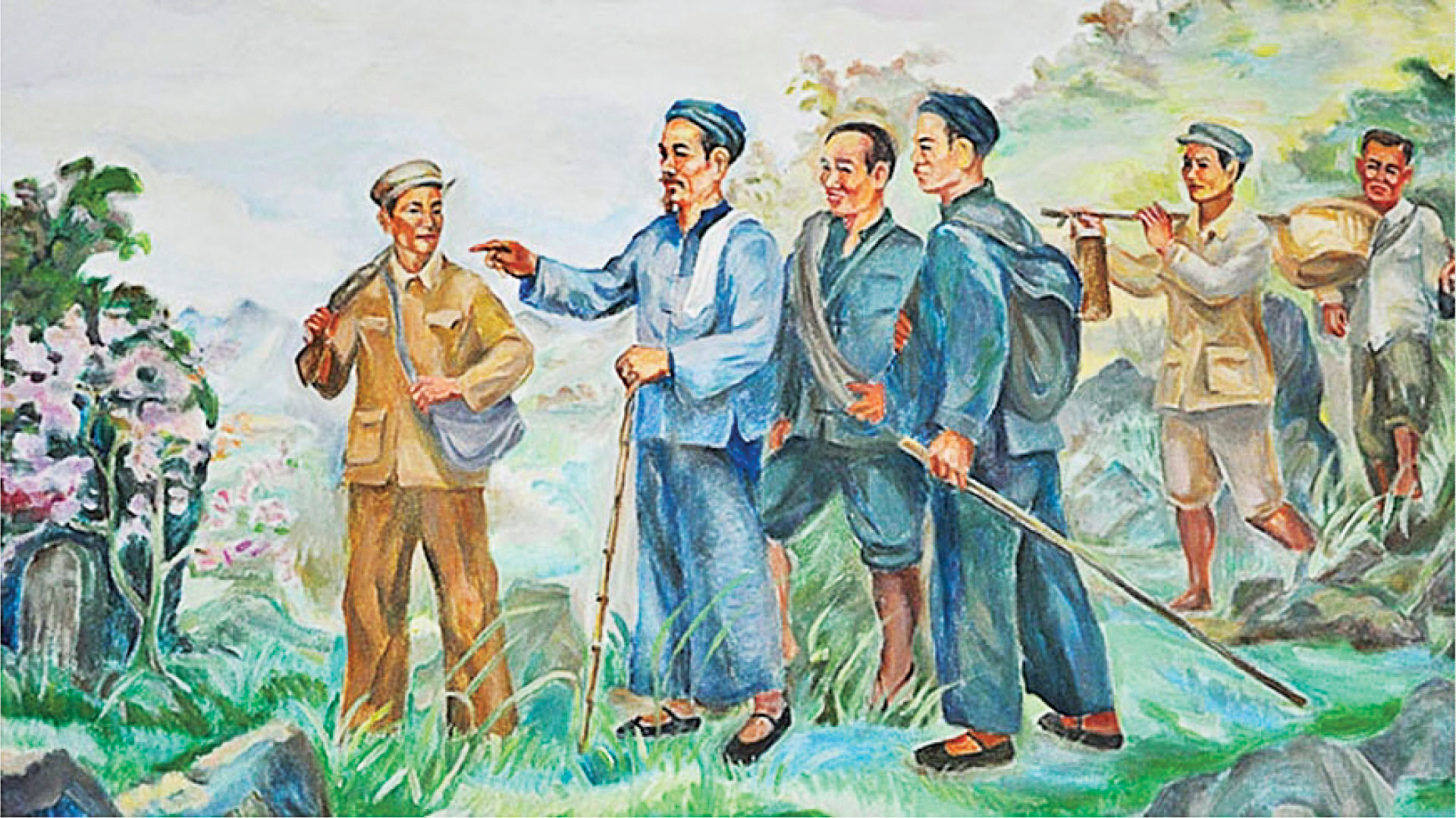 Người bảo vệ và đầu bếp đầu tiên của Bác Hồ 1 Ông Phạm Văn Lộc (người gánh tư trang) được tái hiện trong Tranh sơn dầu “Bác Hồ về nước” của Trịnh Phòng - Ảnh chụp lại: H.TR