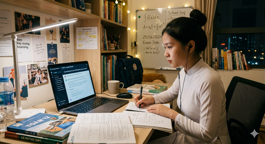 Học nhanh nhưng đừng ‘lười nghĩ’ 1 Ảnh minh họa. Học sinh đang ôn thi với AI.