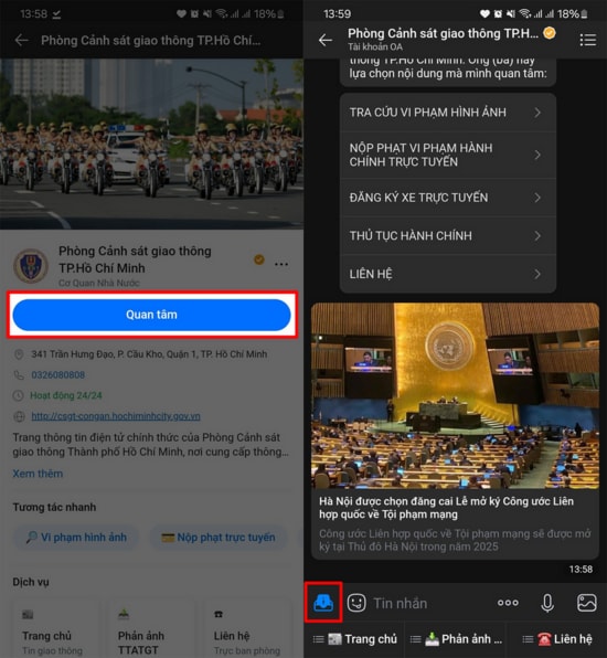 Chọn Quan tâm và vào mục Tiện ích