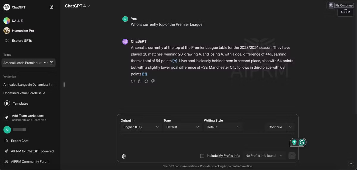 Bảng điều khiển ChatGPT phản hồi truy vấn