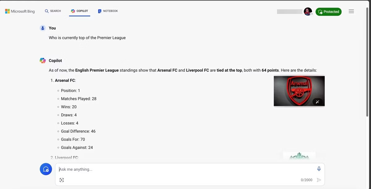 Bảng thông tin Copilot trong Edge hiển thị phản hồi cho truy vấn