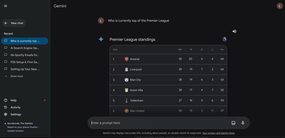 Bảng thông tin Gemini hiển thị phản hồi cho truy vấn