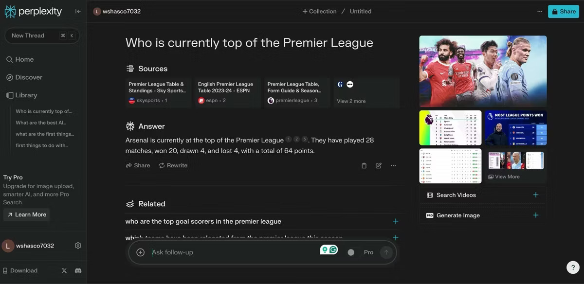 Bảng thông tin Perplexity AI hiển thị phản hồi cho truy vấn