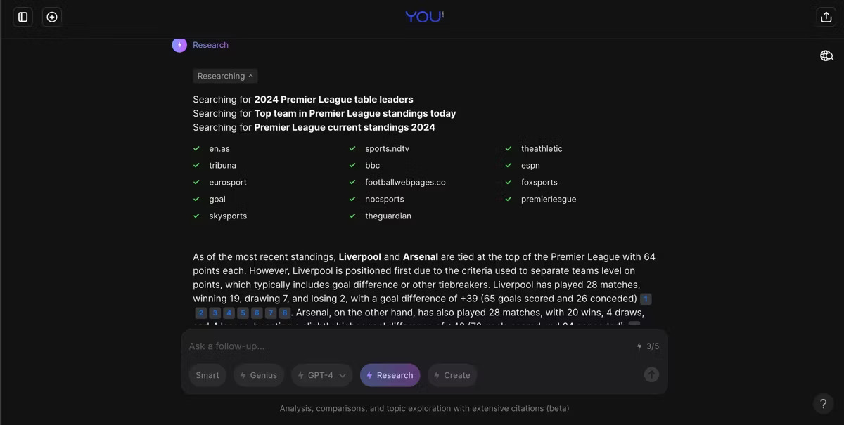 Trang tổng quan You.com hiển thị phản hồi cho truy vấn